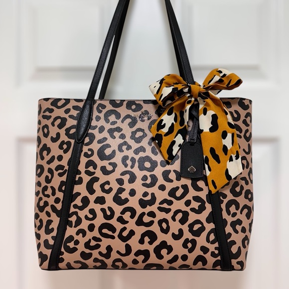 kate spade Handbags - Kate Spade Coated Canvas Leopard Print Black Leather Trim Large Tote NWT